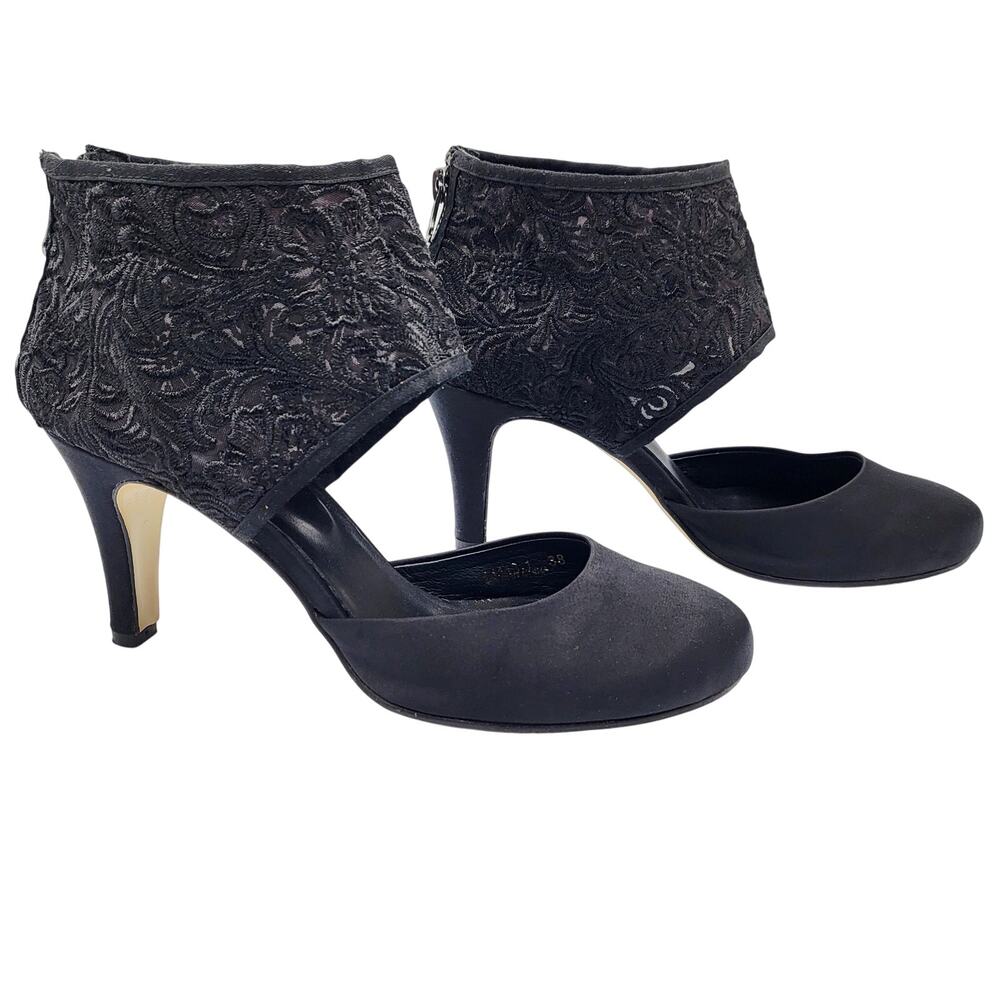 Anthropologie ALL BLACK Leather & Lace Appliqué d’Orsay Cut Black Heels Size 38